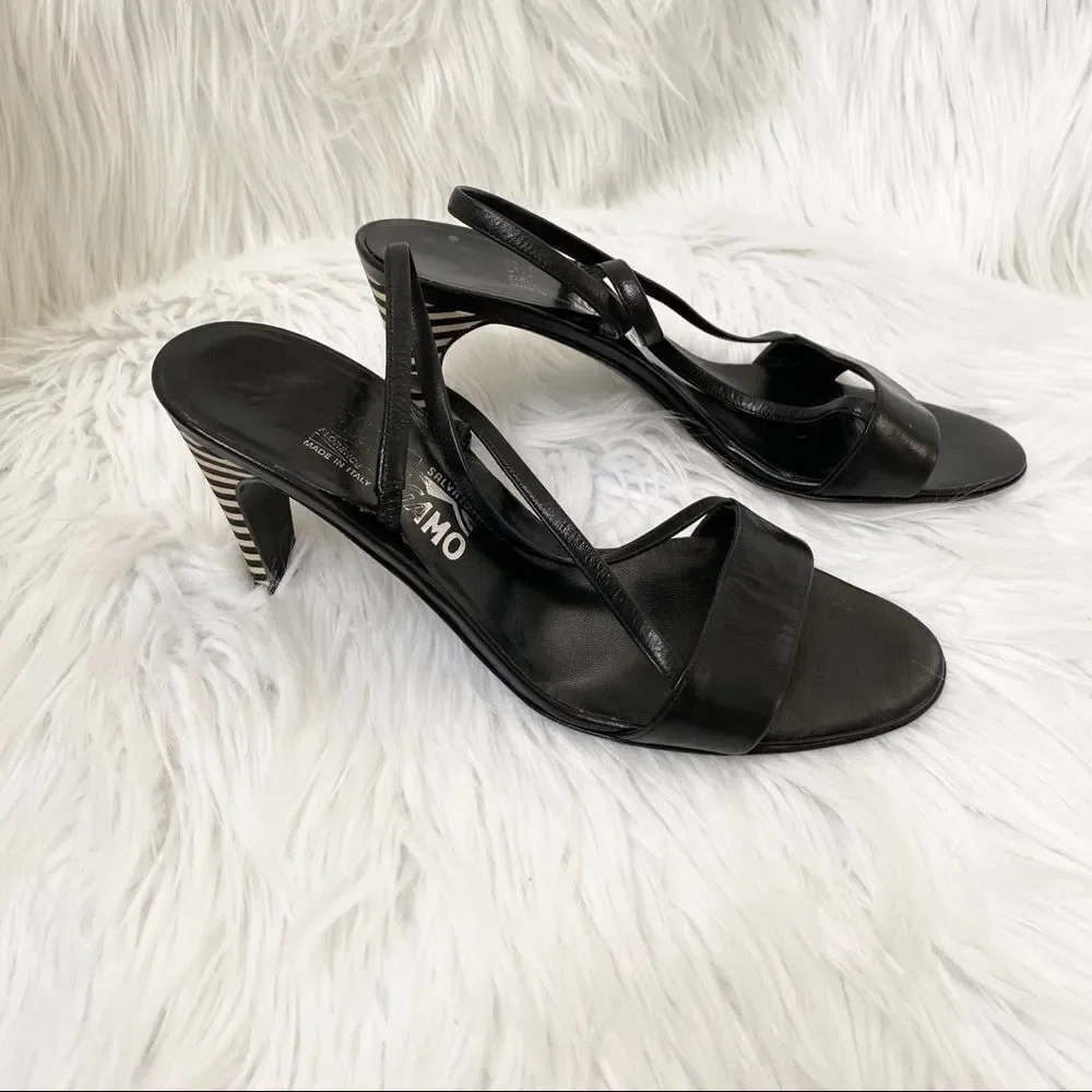 Salvatore Ferragamo black leather slingback striped heels sandal 7.5